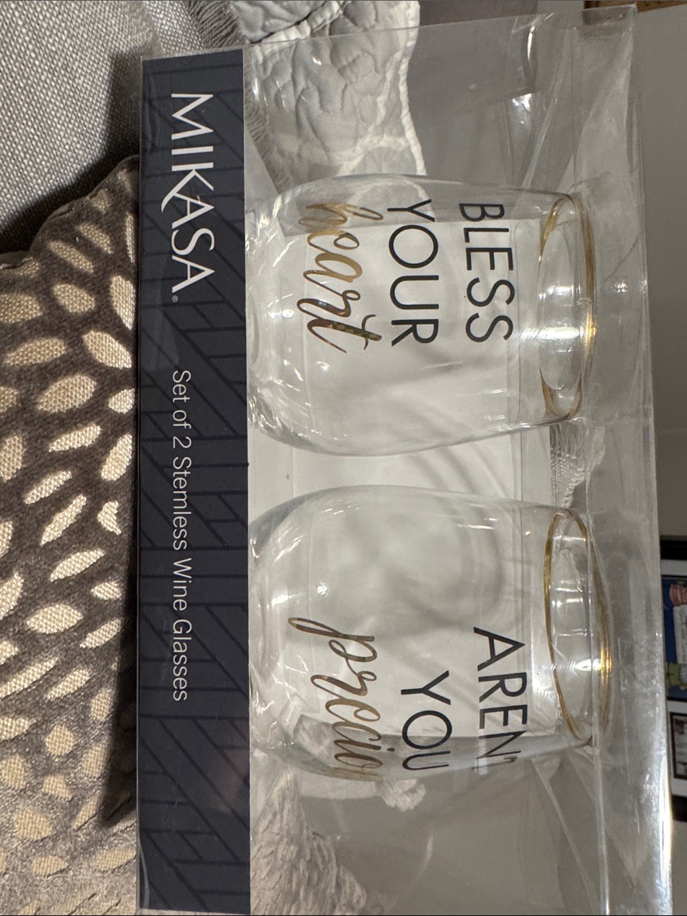 Mikasa Stemless Wine Glasses with Gold Accents - Clear Glass